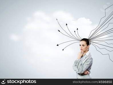 Young thoughtful businesswoman and thoughts coming out of her head. Let me think it over