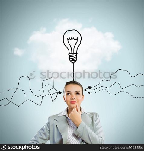 Young thoughtful businesswoman and thoughts coming out of her head. Let me think it over