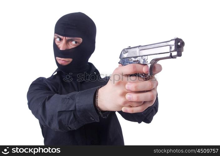 Young thug with gun isolated on white