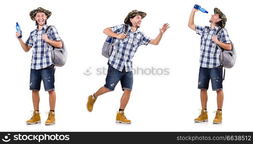 Young traveler with rucksack isolated on white