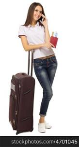 Young traveling girl isolated on white