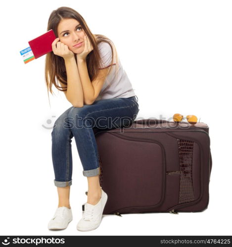 Young traveling girl isolated on white