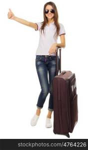 Young traveling girl isolated on white