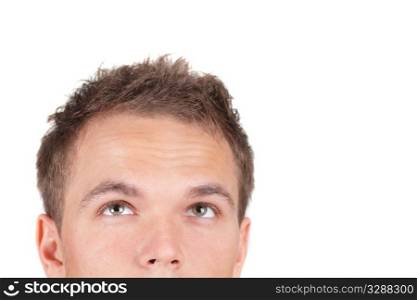 Young trendy businessman looking up. Isolated against white background