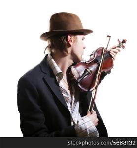 young violinist playing the violin in hat and jacket on white background