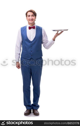 Young waiter isolated on white background