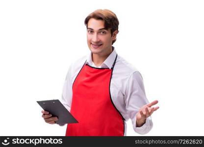 Young waiter isolated on white background. The young waiter isolated on white background