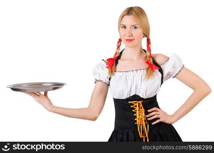 Young waitress with tray on white