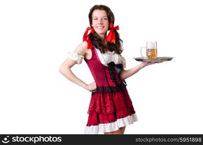 Young waitress with tray on white