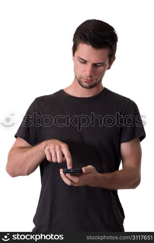 Young White Man In Black T-Shirt Working On His Smartphone