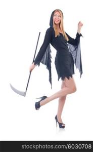 Young witch with scythe isolated on white