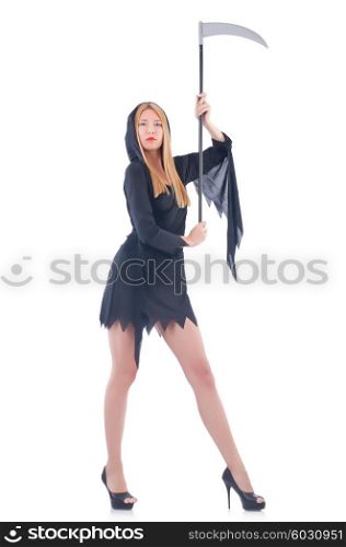 Young witch with scythe isolated on white