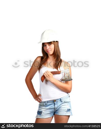 Young woman 20-25 years with axe on white background