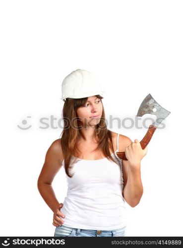 Young woman 20-25 years with axe on white background