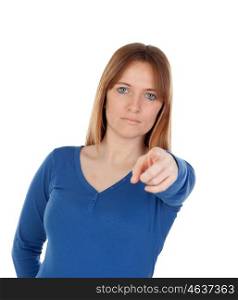 Young woman accused with his finger isolated on white background