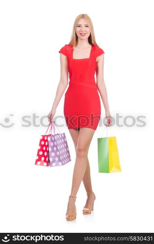 Young woman after shopping isolated on the white