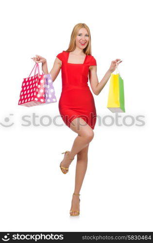 Young woman after shopping isolated on the white