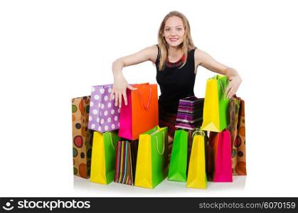 Young woman after shopping isolated on the white