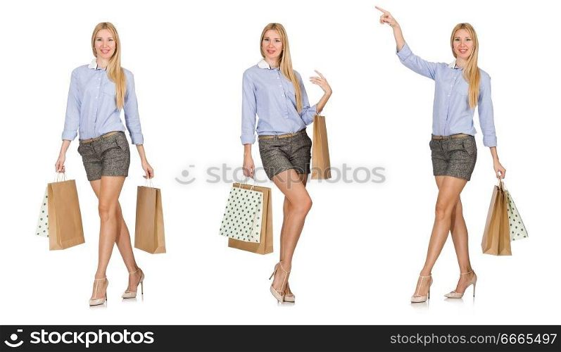 Young woman after shopping isolated on the white. The young woman after shopping isolated on the white