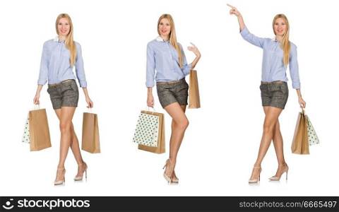 Young woman after shopping isolated on the white. The young woman after shopping isolated on the white