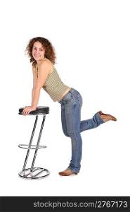 young woman and bar stool isolated on white