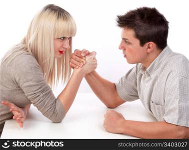 Young woman and man fighting together in skandenberg