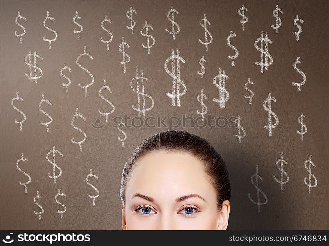 Young woman and signs of currency on the backgrond