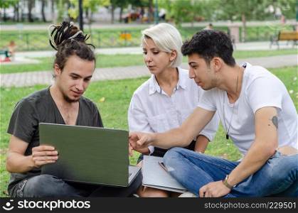 Young woman and two young men are working in the park with a laptop.
