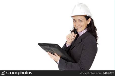 Young woman architect on a over white background