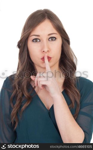 Young woman asking for silence isolated on a white background