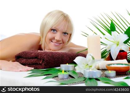 Young woman at spa procedure Isolated on white background