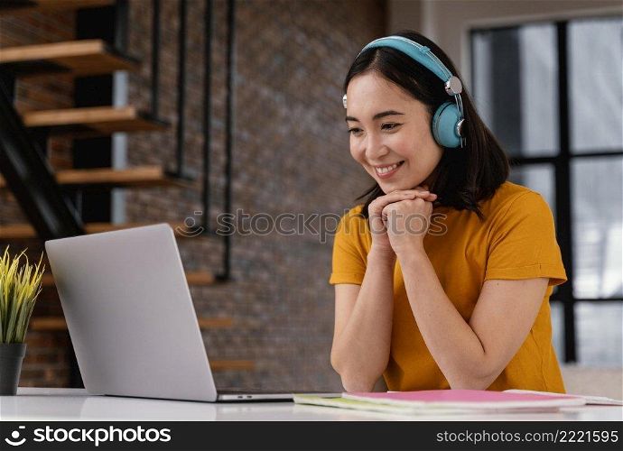 young woman attending online class