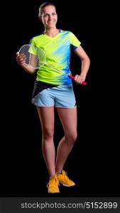 Young woman badminton player isolated