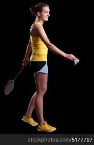 Young woman badminton player isolated