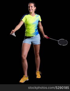 Young woman badminton player isolated