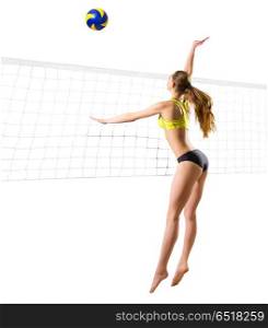 Young woman beach volleyball player (ver with ball and net). Woman beach volleyball player (ver with ball and net)