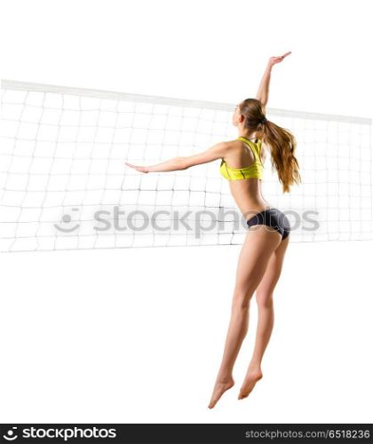 Young woman beach volleyball player (ver with net). Woman beach volleyball player (ver with net)