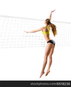 Young woman beach volleyball player (ver with net). Woman beach volleyball player (ver with net)
