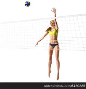 Young woman beach volleyball player (with ball and net version). Woman beach volleyball player (with net and ball ver)
