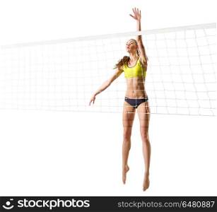 Young woman beach volleyball player (with net version). Woman beach volleyball player (with net ver)