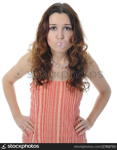young woman blew up a bubble from chewing gum. Isolated on white background