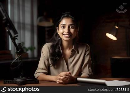 Young woman blogger on table at home office look at camera online during video chat conference call , webcam digital conference or meeting , Generate AI