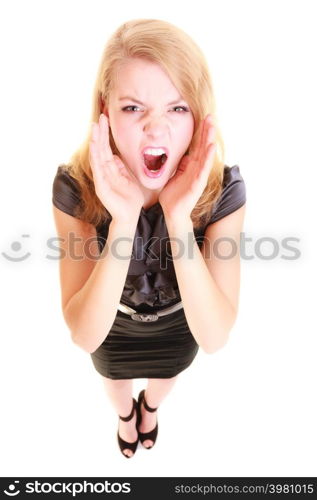 young woman blonde buisnesswoman in black dress shouting screaming. girl calling for help isolated on white