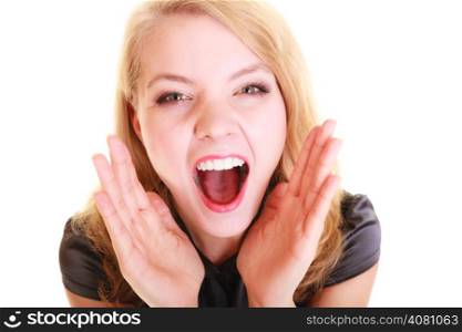 young woman blonde buisnesswoman in black dress shouting screaming. girl calling for help isolated on white