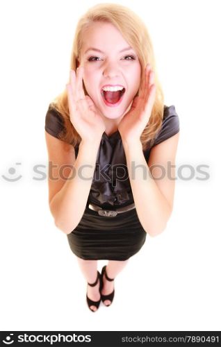 young woman blonde buisnesswoman in black dress shouting screaming. girl calling for help isolated on white