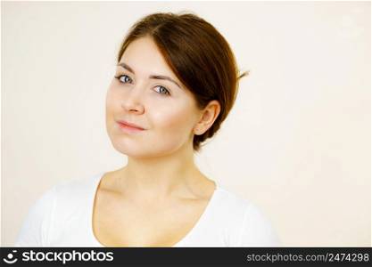 Young woman brown hair without makeup. Natural beauty. Purity skincare spa treatment.. Girl with no makeup