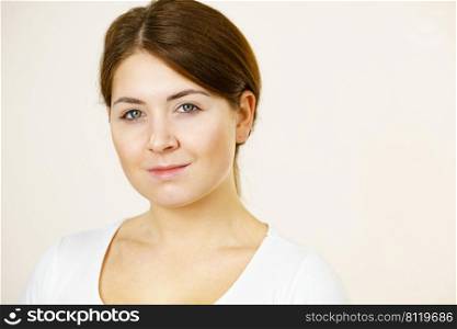 Young woman brown hair without makeup. Natural beauty. Purity skincare spa treatment.. Girl with no makeup
