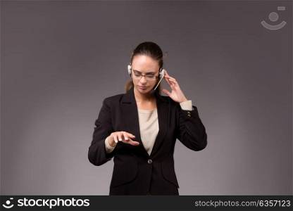 Young woman businesswoman pressing virtual buttons