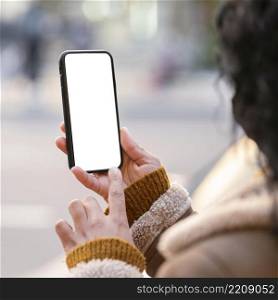 young woman checking empty screen smartphone