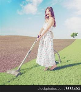 Young woman cleaning natural green grass in wild landscape. Creative concept photo combinated